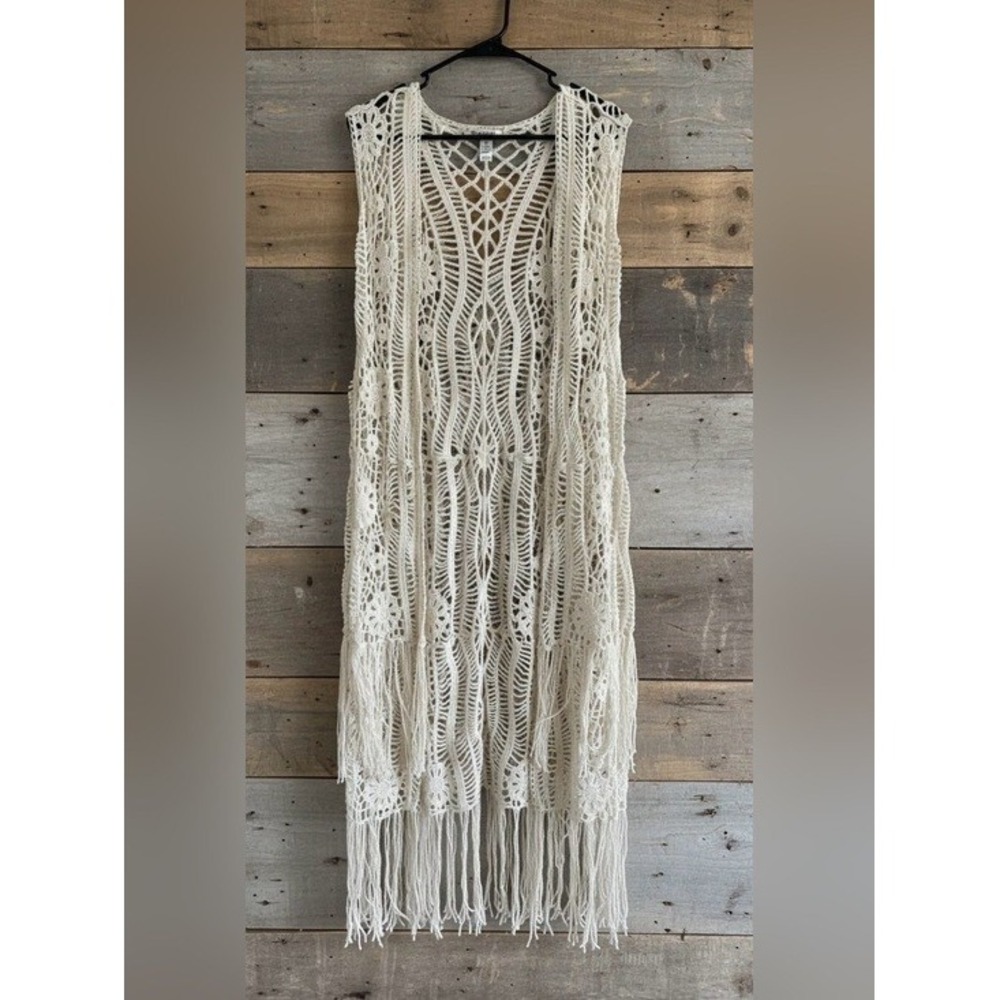 Cato Boho Hippie Crochet Lace Long Sheer Duster Vest Ivory Fringe Size Medium